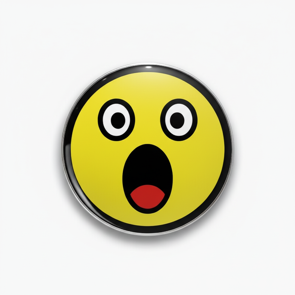 Yellow shocked smiley face pinback button with red mouth, glossy black border