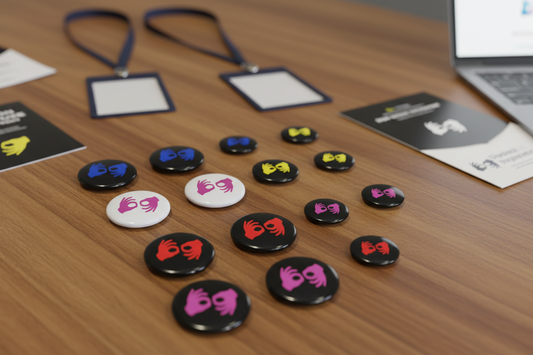 Assorted round pinback buttons with colorful sign language hand logos, on tabletop