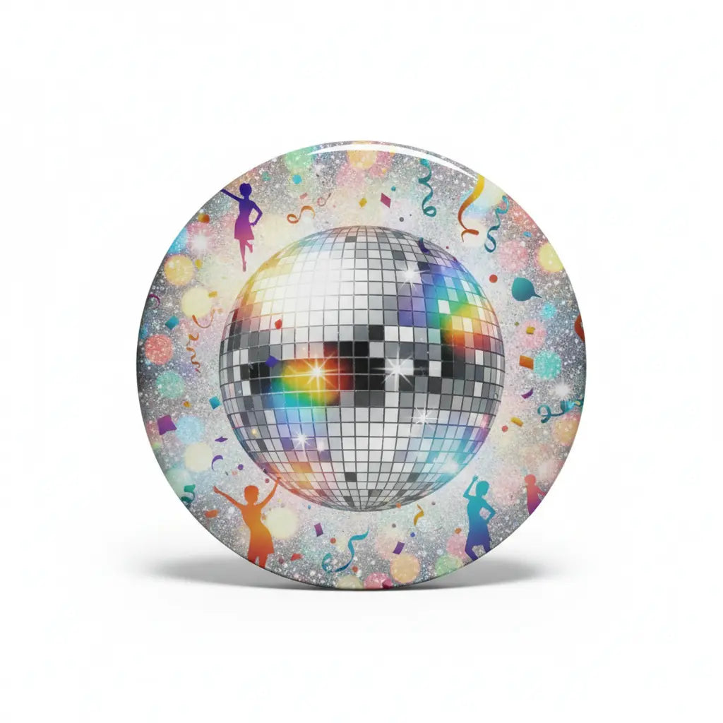 Round disco ball party pinback with glitter graphic and colorful confetti