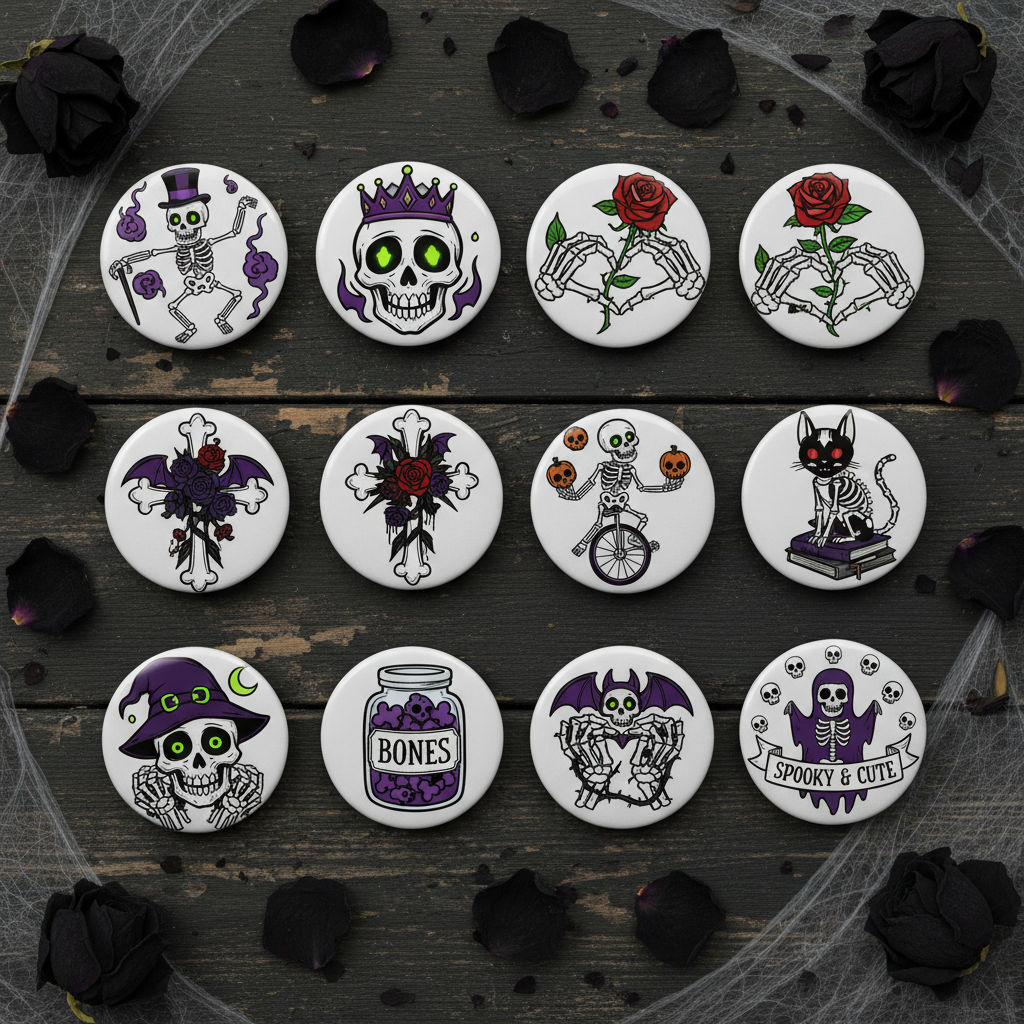 Skeleton Set Decorative Cartoon Goth Horror Dark Pinback 1.25-inch 12 Pcs