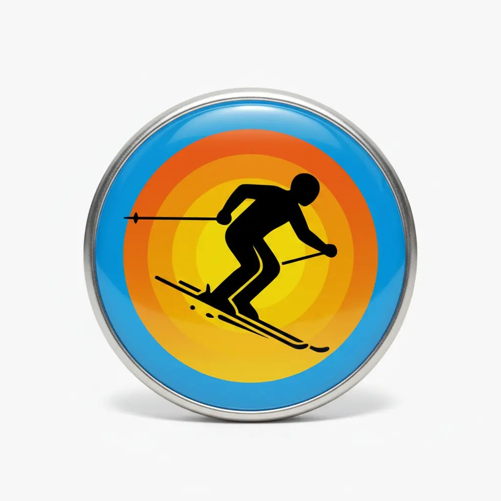 2.25-inch round skier skiing symbol pinback button with blue rim and colorful scene