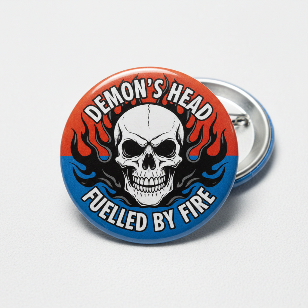 A round pin-back button badge featuring a white skull over red and blue flames, with the text 'DEMON'S HEAD' at the top and 'FUELLED BY FIRE' at the bottom. The front of the button is shown on a light gray background, with the back metal pin visible behind it.