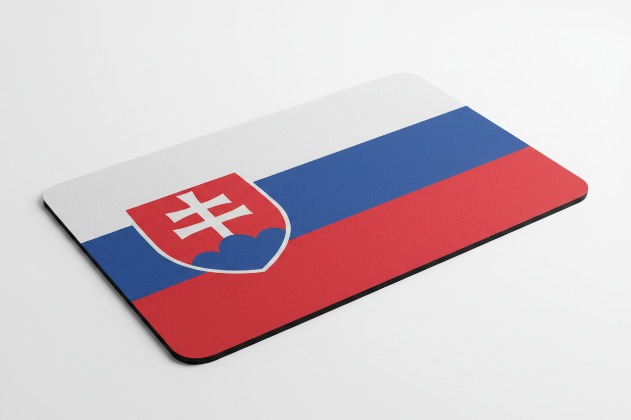 Slovakia flag mousepad, angled view, red and blue stripes with shield crest