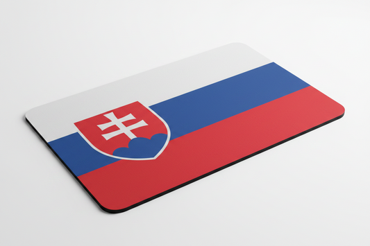 Slovakia flag mousepad, angled view, red and blue stripes with shield crest