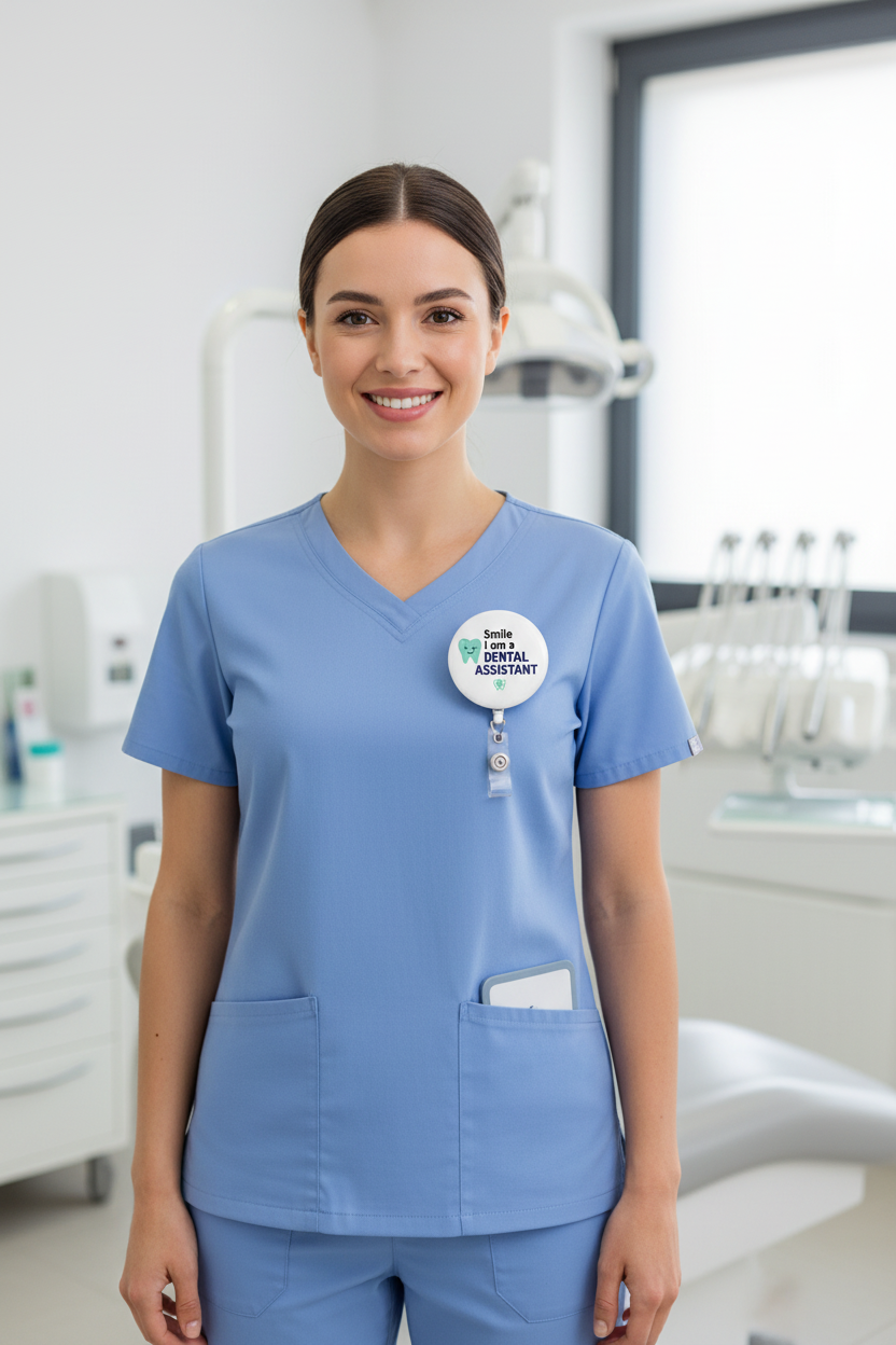 Dental assistant badge on blue scrub top, circular 'Smile I am a Dental Assistant' design