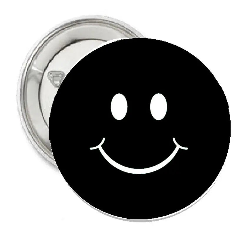 Black retro smiley pinback button, 1.25-inch, with smiling face design