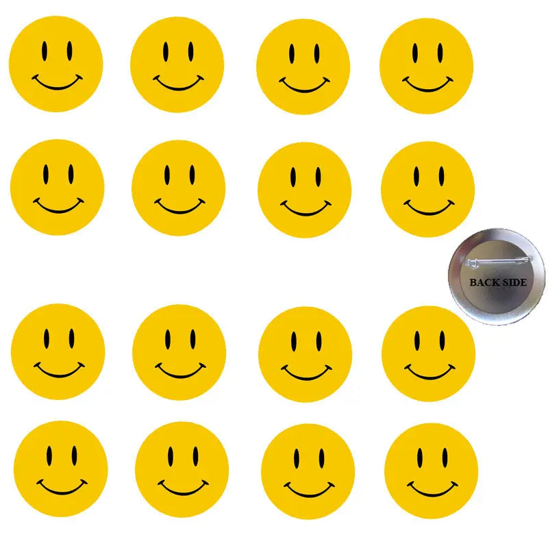 Set of yellow smiley face pinback buttons, round with smile and eye markings; includes one back