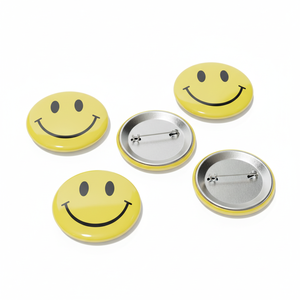 Set of four round yellow smiley face pinback buttons with metal safety pin backs