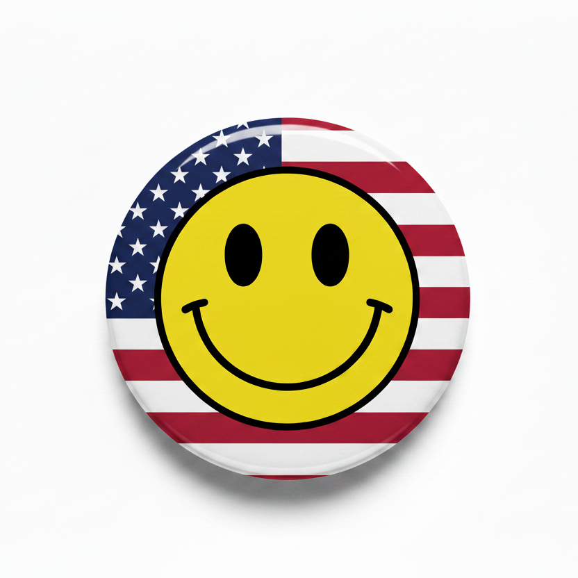 A round pinback button featuring a classic yellow smiley face in the center, surrounded by a border of alternating red and blue stars on a white background.