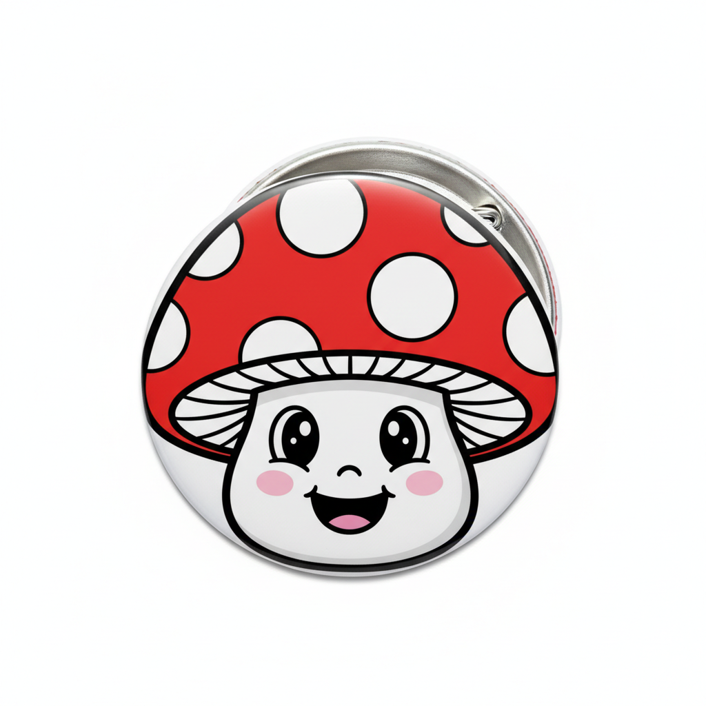Mushroom face pinback badge with red cap, white spots, and smiling character, 2.25-inch