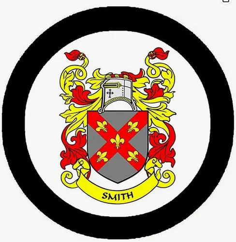 Round Smith family crest arms coat magnet with colorful shield and black border, 3-inch