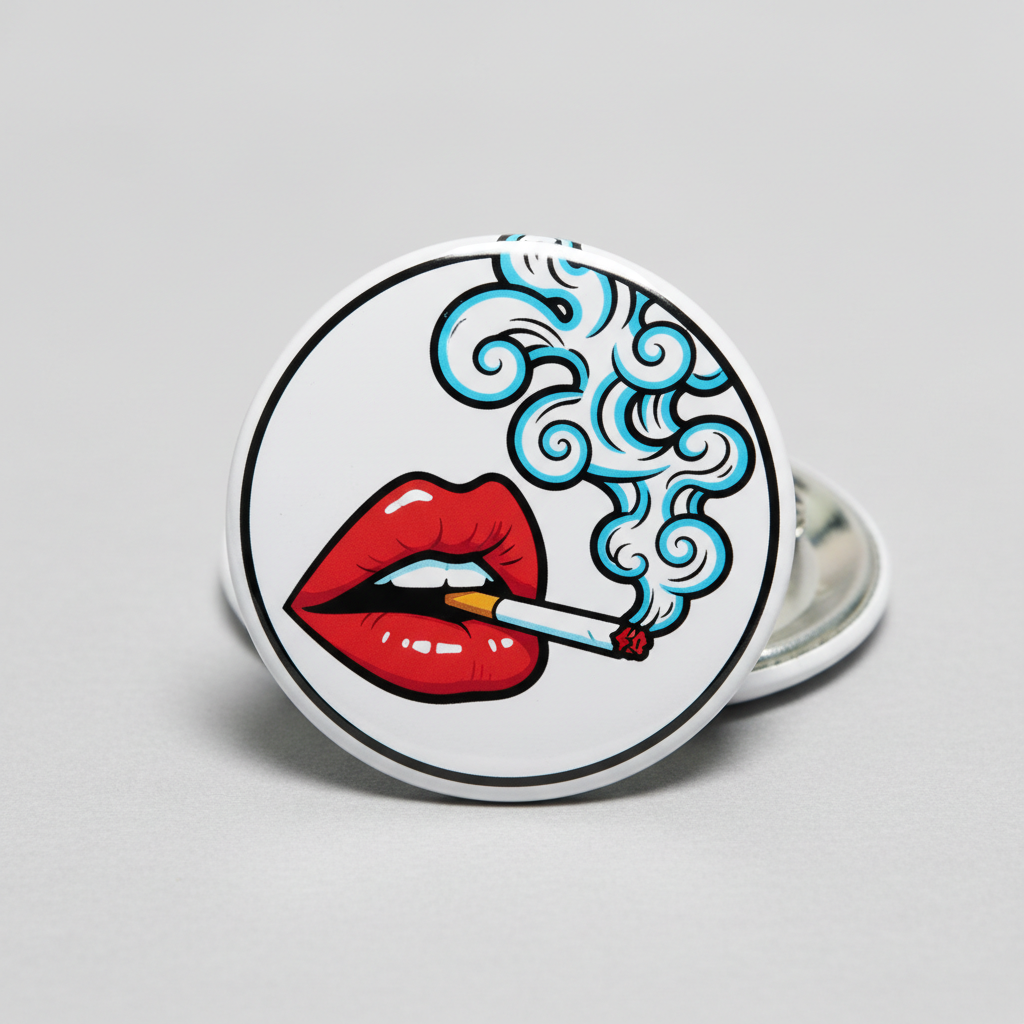 2.25-inch round pinback button with red lips and blue smoke illustration