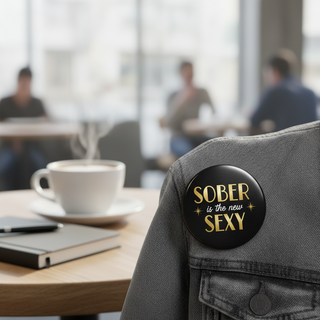 Round black pinback button with gold “SOBER is the new SEXY” on dark denim jacket