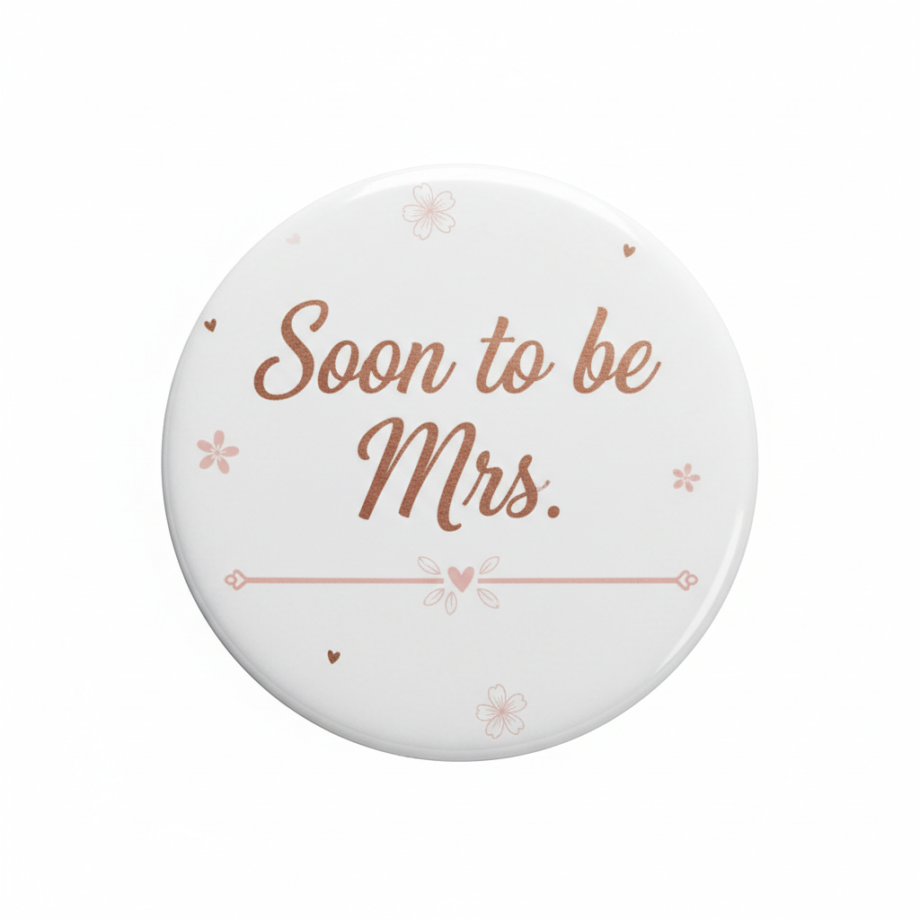 Soon to be Mrs pinback button, 2.25-inch, white with floral accents and โSoon to be Mrs.โ
