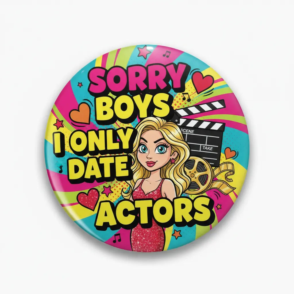 Colorful comic pinback button with blonde woman and text 'Sorry Boys I Only Date Actors'