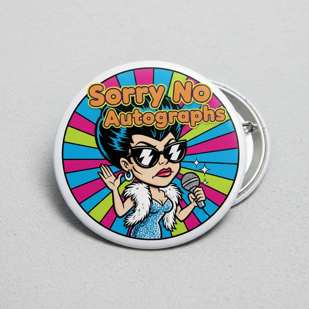 Round pinback button: 'Sorry No Autographs' cartoon with microphone