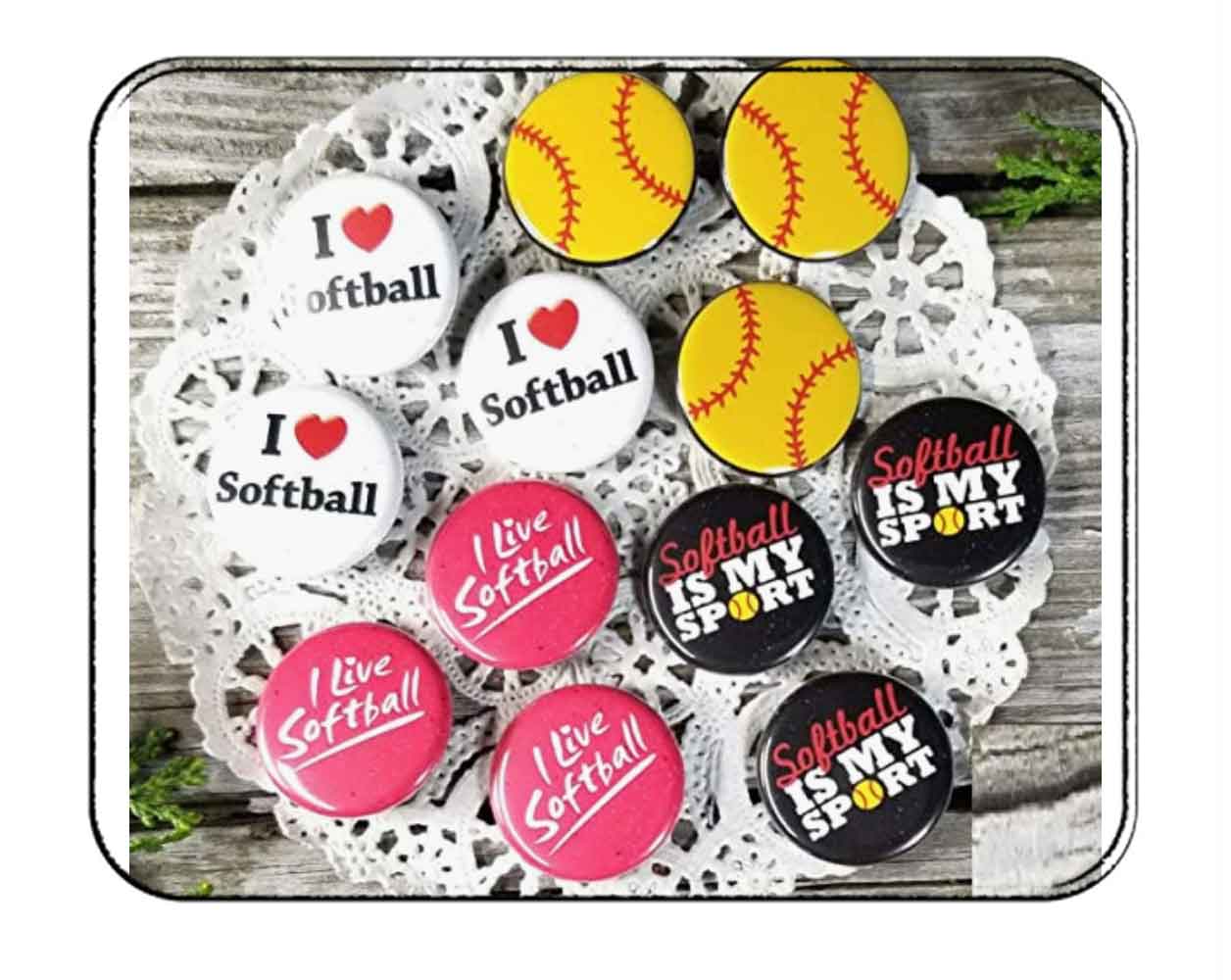 Set of 12 round softball pinback buttons, red, pink, yellow, with I Love Softball text