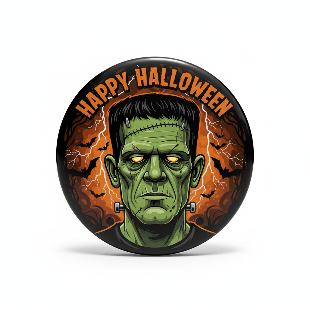 Halloween pinback button, green Frankenstein face with orange flames and 'Happy Halloween' text