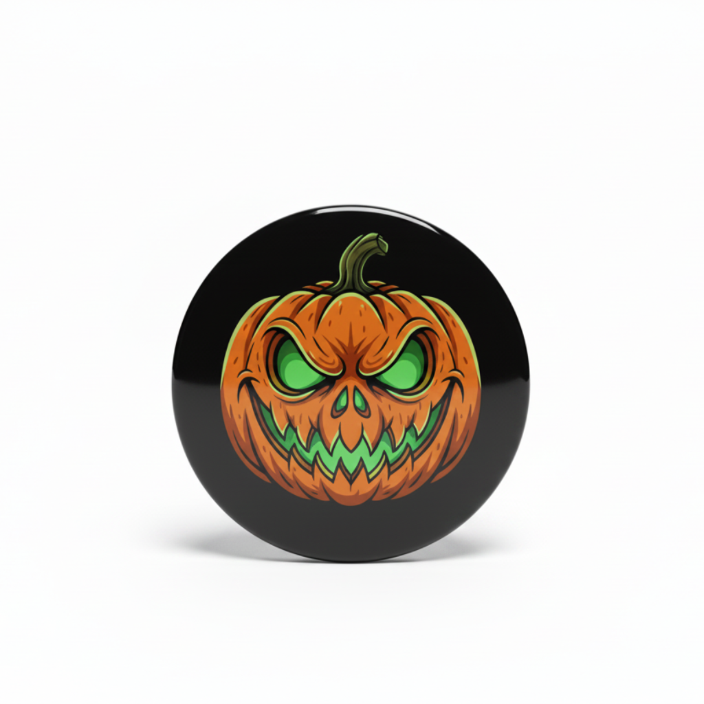 A round black Pin Button featuring a cartoon jack-o'-lantern pumpkin illustration with glowing green eyes and a carved orange face, shown on a white background.