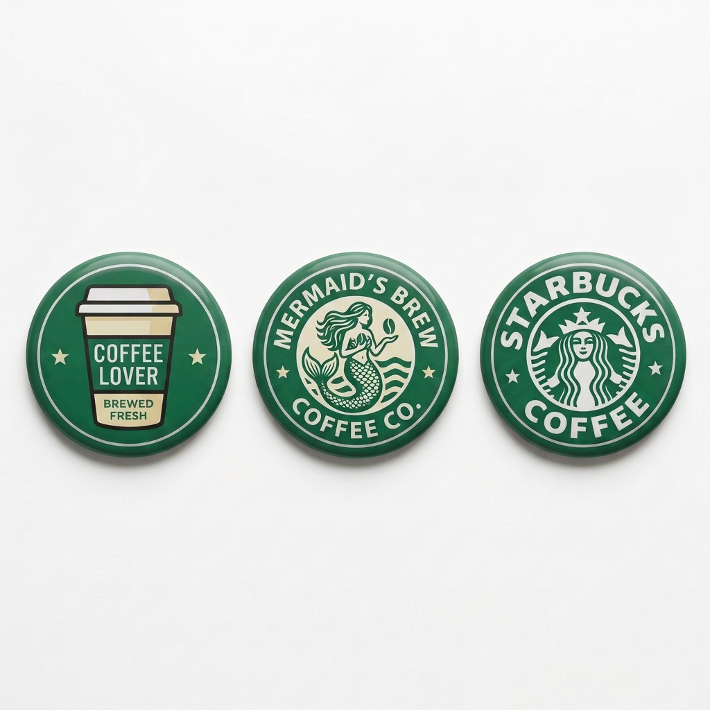 Three round pinback buttons with Starbucks-themed designs on a white background. One button shows the classic green and white Starbucks siren logo with the text 'STARBUCKS COFFEE.