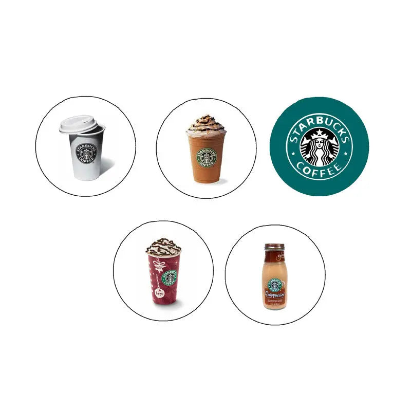 Set of 5 Starbucks round pinback buttons with assorted coffee drink cup designs