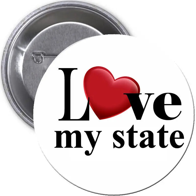 2.25-inch pinback button with 'Love my state' text and red heart design