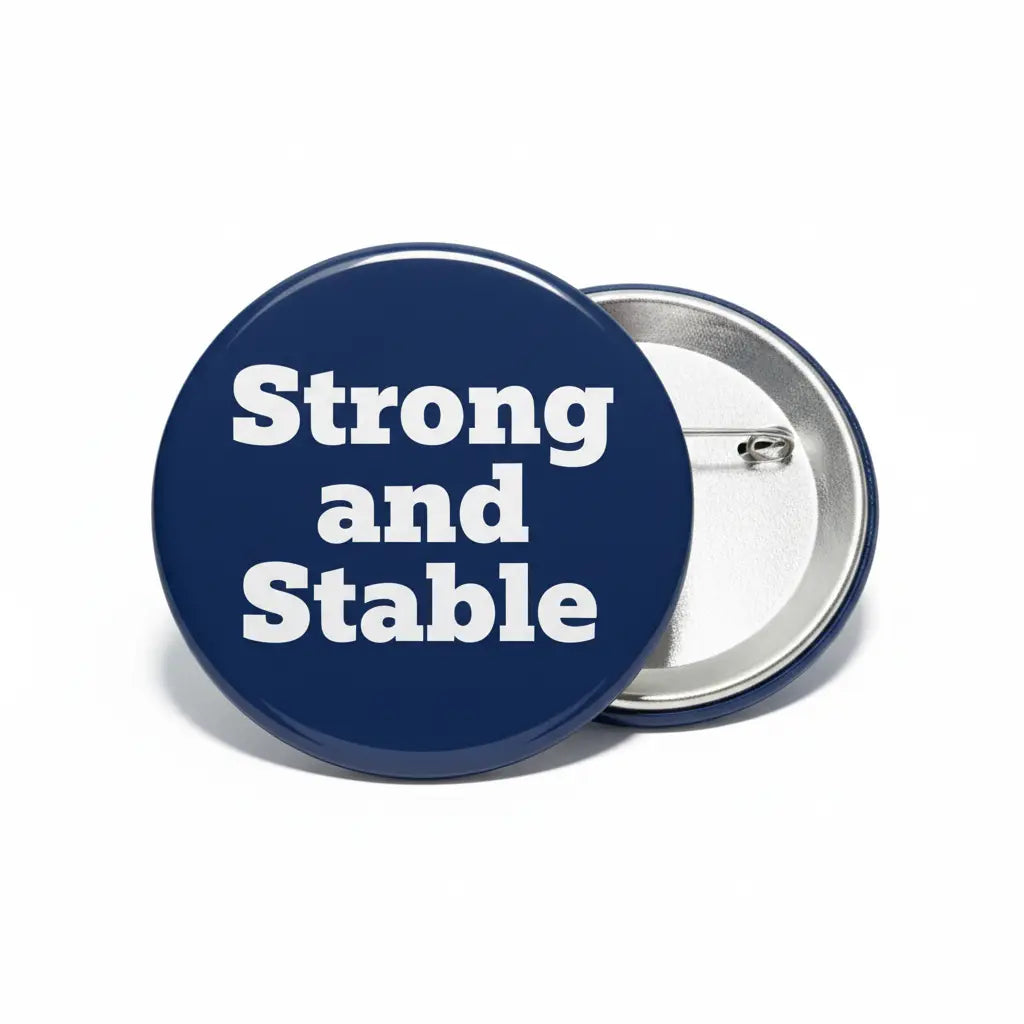 2.25-inch round pinback button, navy with white 'Strong and Stable' text, metal back
