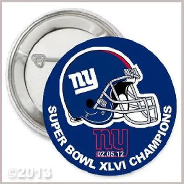 Round blue sports magnet with NY Giants helmet logo and red date text