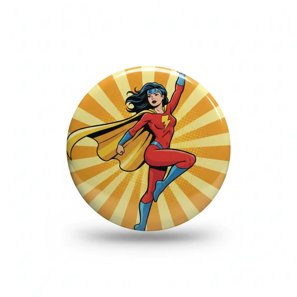 Round 2.25-inch superhero girl pinback with red-clad heroine on yellow burst design