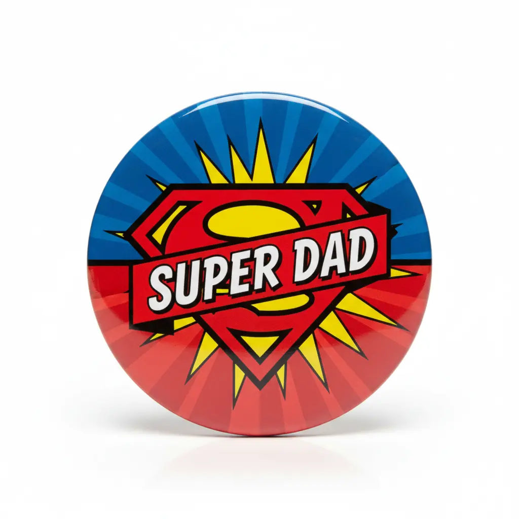 2.25-inch pinback button with Super Dad text and red-blue shield design