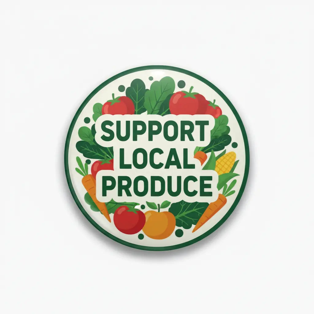 2.25-inch round pinback badge with 'SUPPORT LOCAL PRODUCE' and produce icons