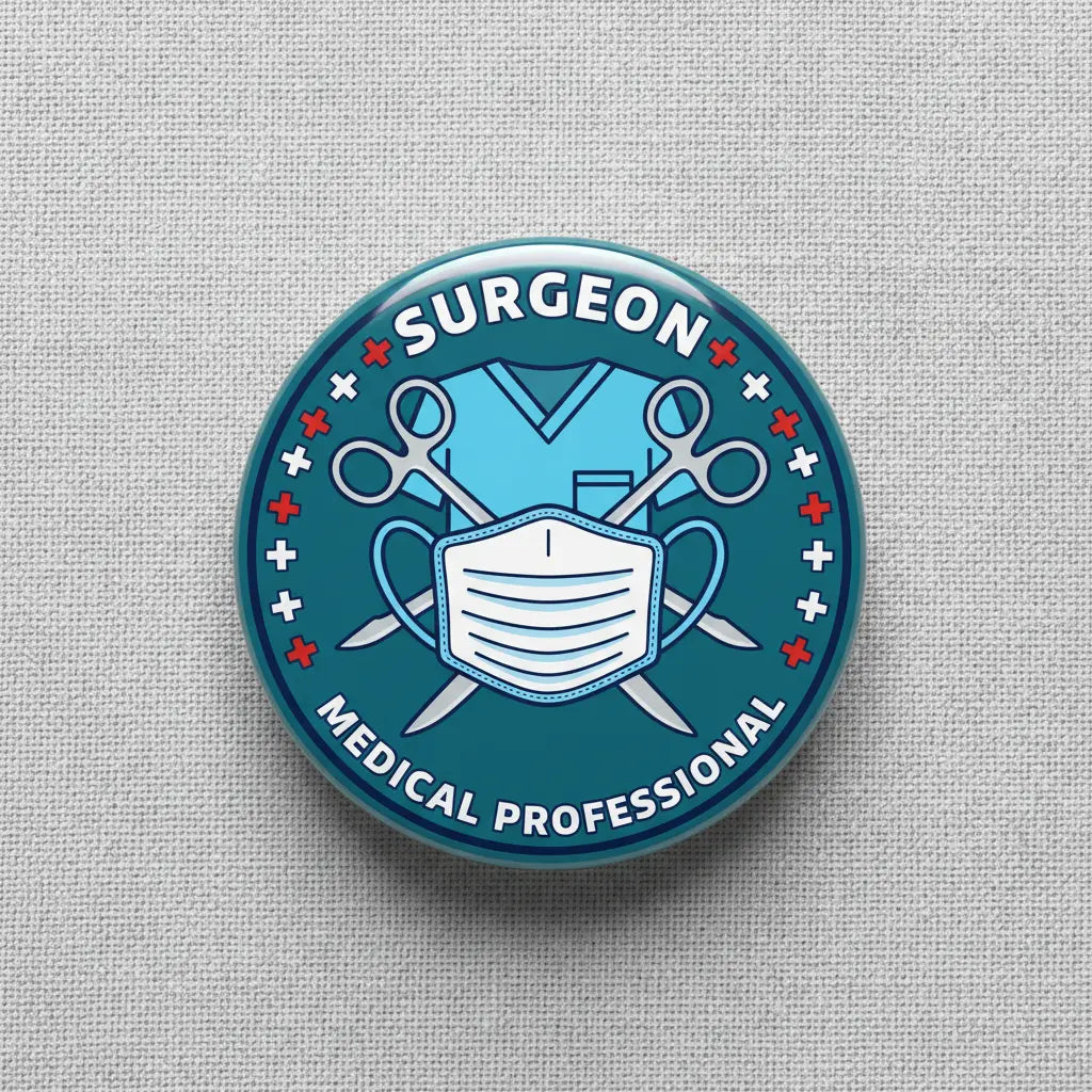 Circular teal surgeon medical lapel pin with mask, scrubs icons, and text