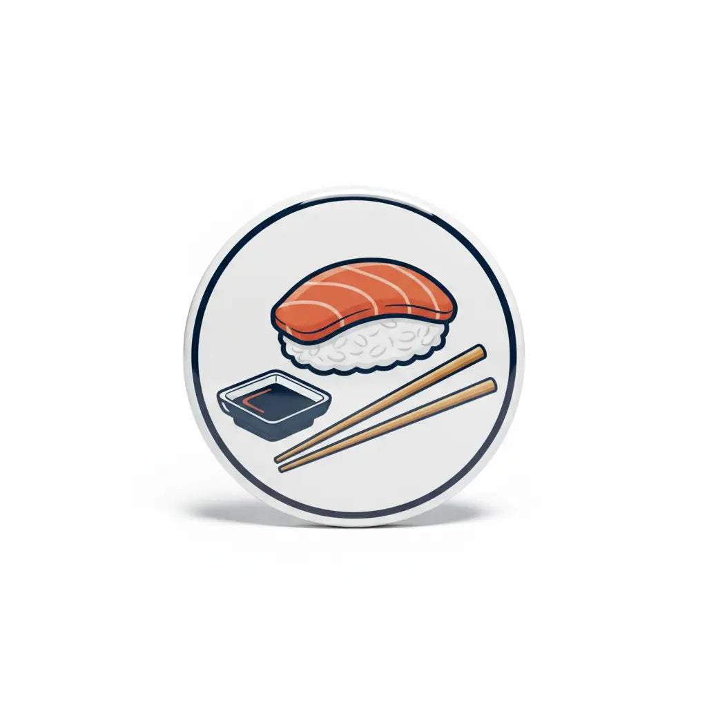 Circular soy sauce sushi pinback button with salmon nigiri, soy dish, and chopsticks