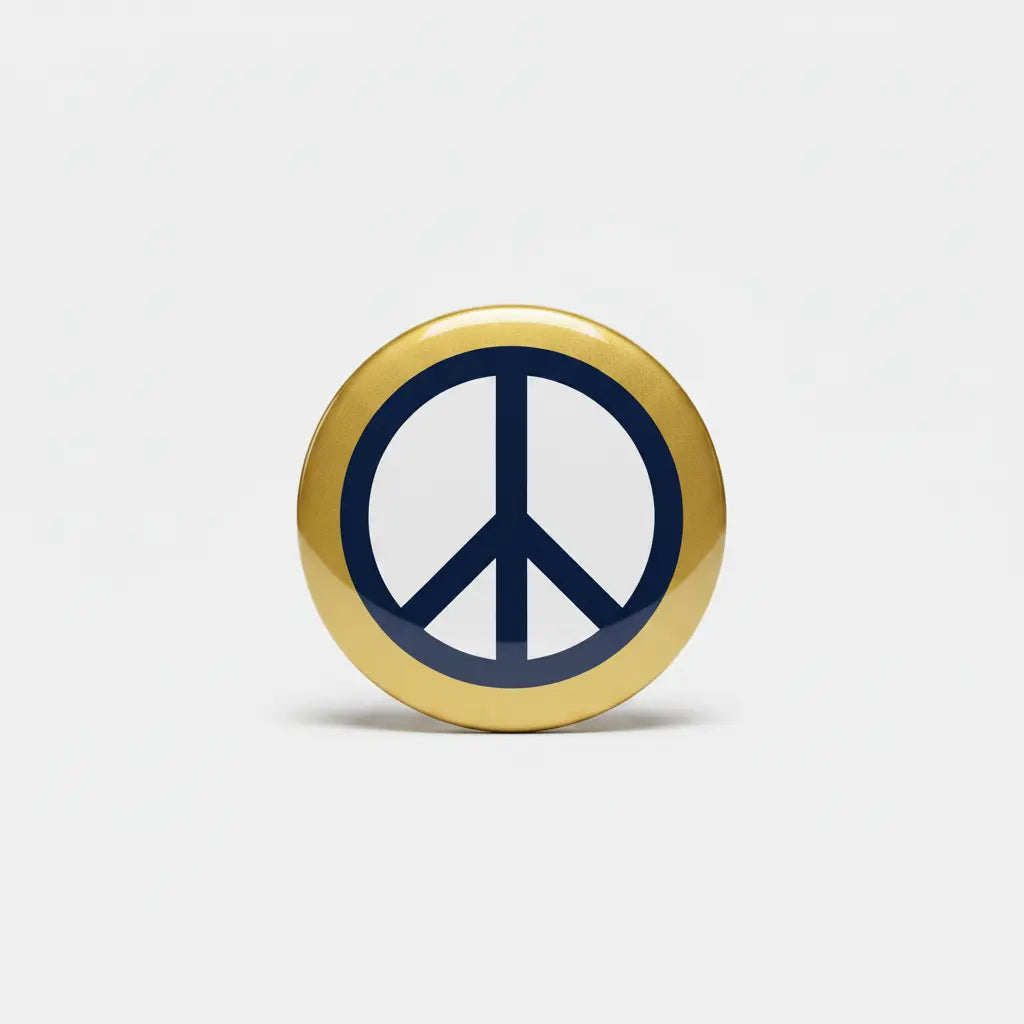 Round gold peace symbol pin with blue circle and peace hand icon