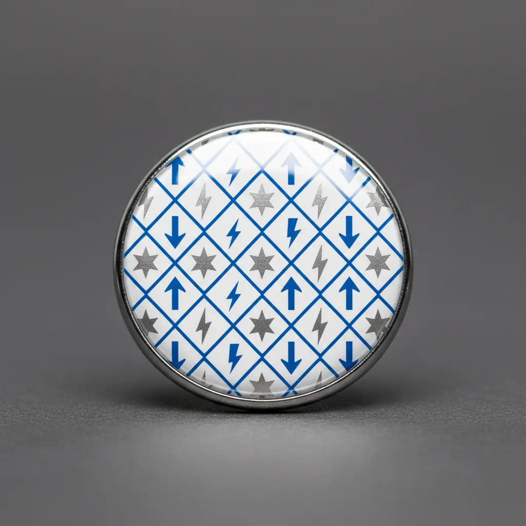 2.25-inch symbol repeat pinback button with blue and gray pattern