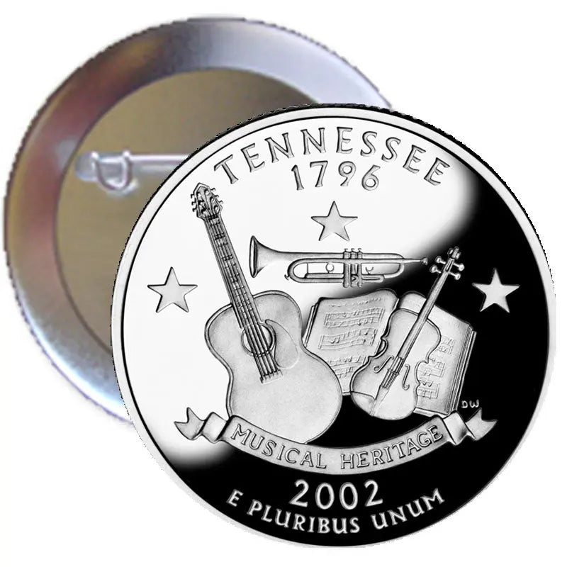Tennessee quarter pinback button with musical instruments and stars, 2.25-inch