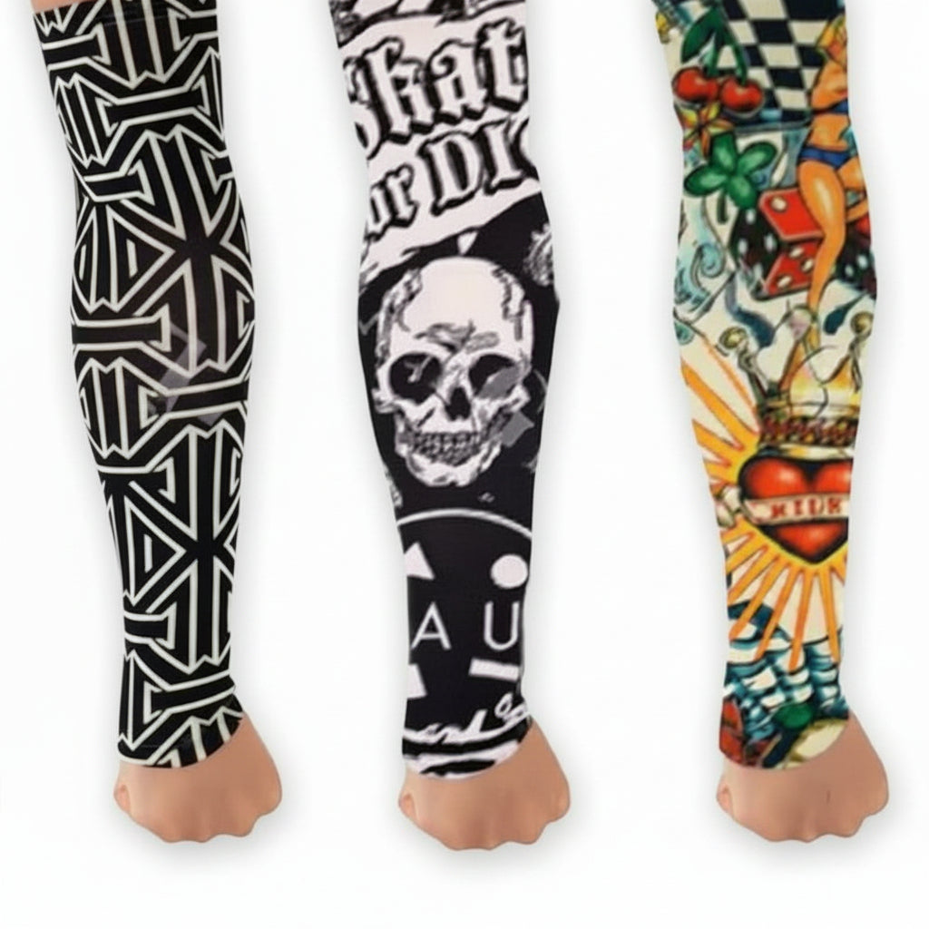 Set of temporary tattoo sleeves with black geometric, skull, and colorful art prints