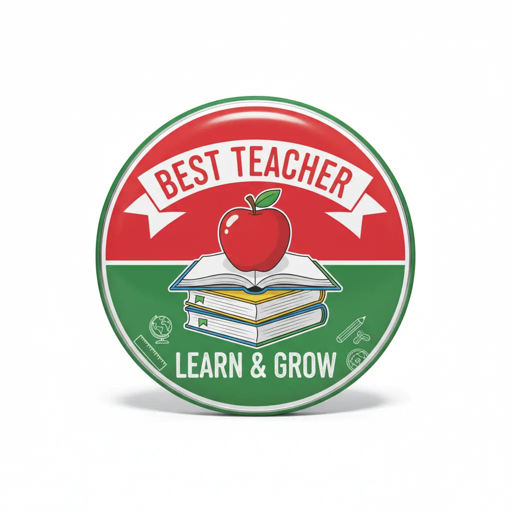 Teacher pinback button, circular red/green design with apple, books, 'Best Teacher'.