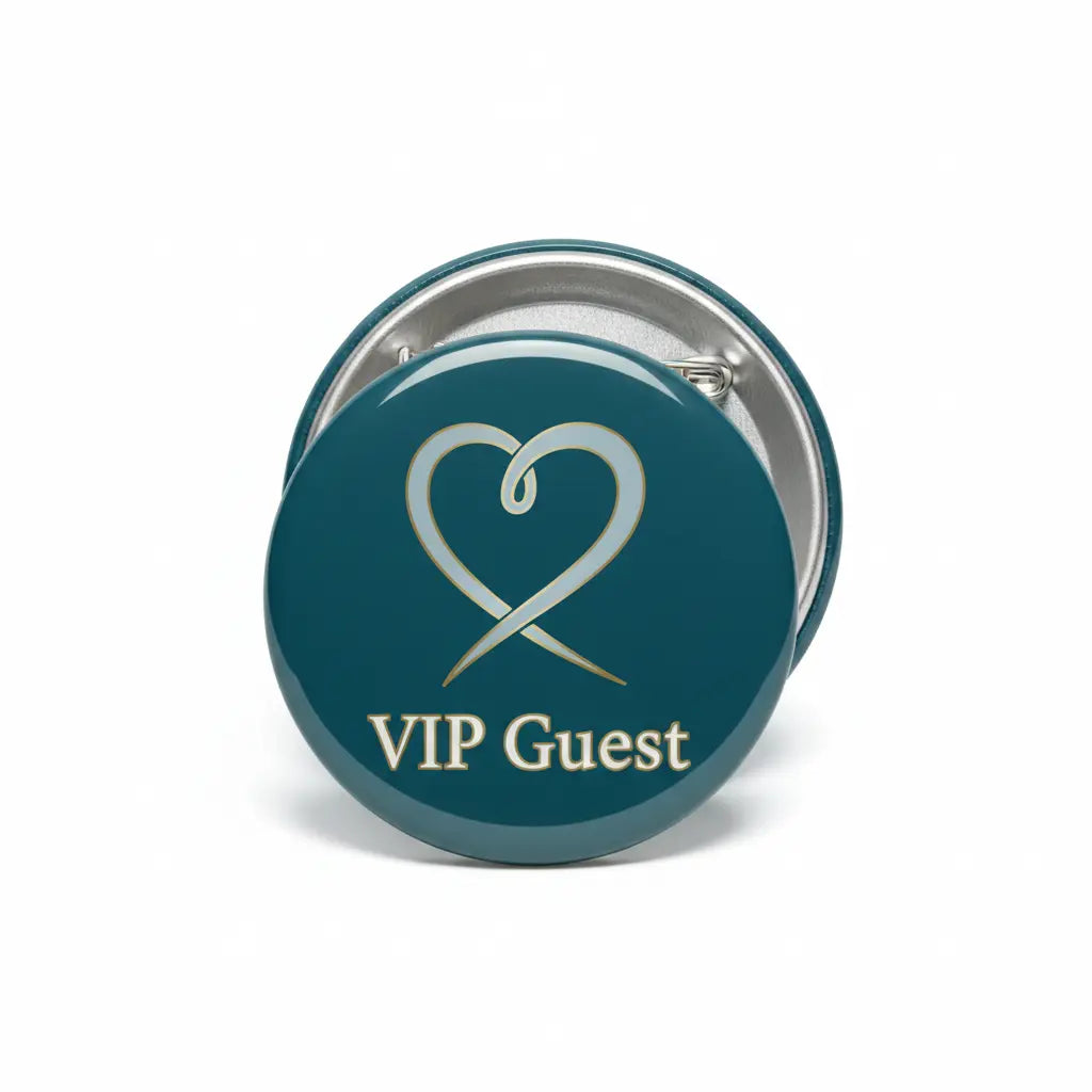 Teal heart VIP Guest pinback button with heart icon and metal clasp backing