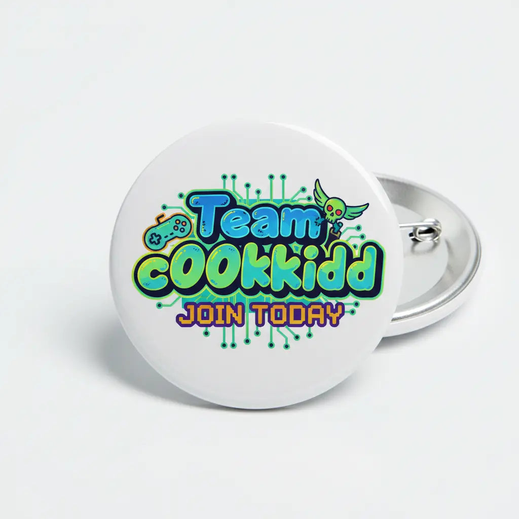 2.25-inch Team c00lkidd pinback button, white round face with “JOIN TODAY” text