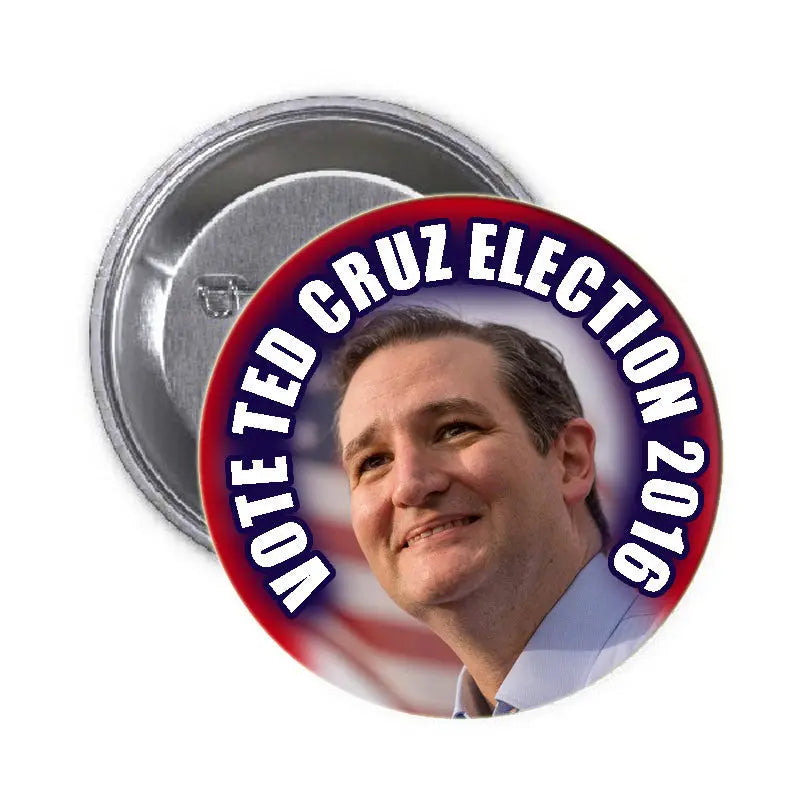 2.25-inch round pinback button with Ted Cruz photo and blue/red text