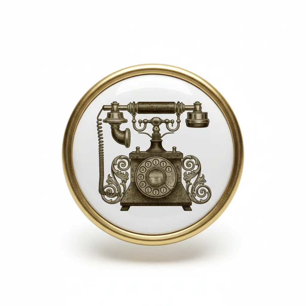 Antique-style telephone pinback button with gold rim, round design, 2.25-inch