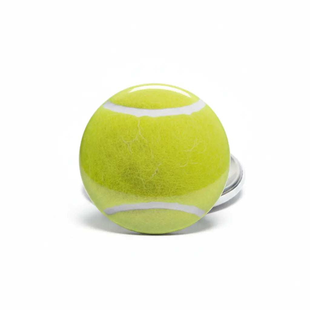 2.25-inch tennis ball pinback button, bright green with white stripe.