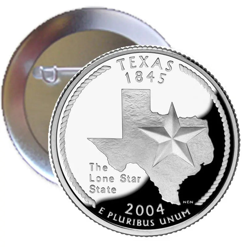 2.25-inch Texas pinback coin with Texas outline, stars, and Lone Star State text