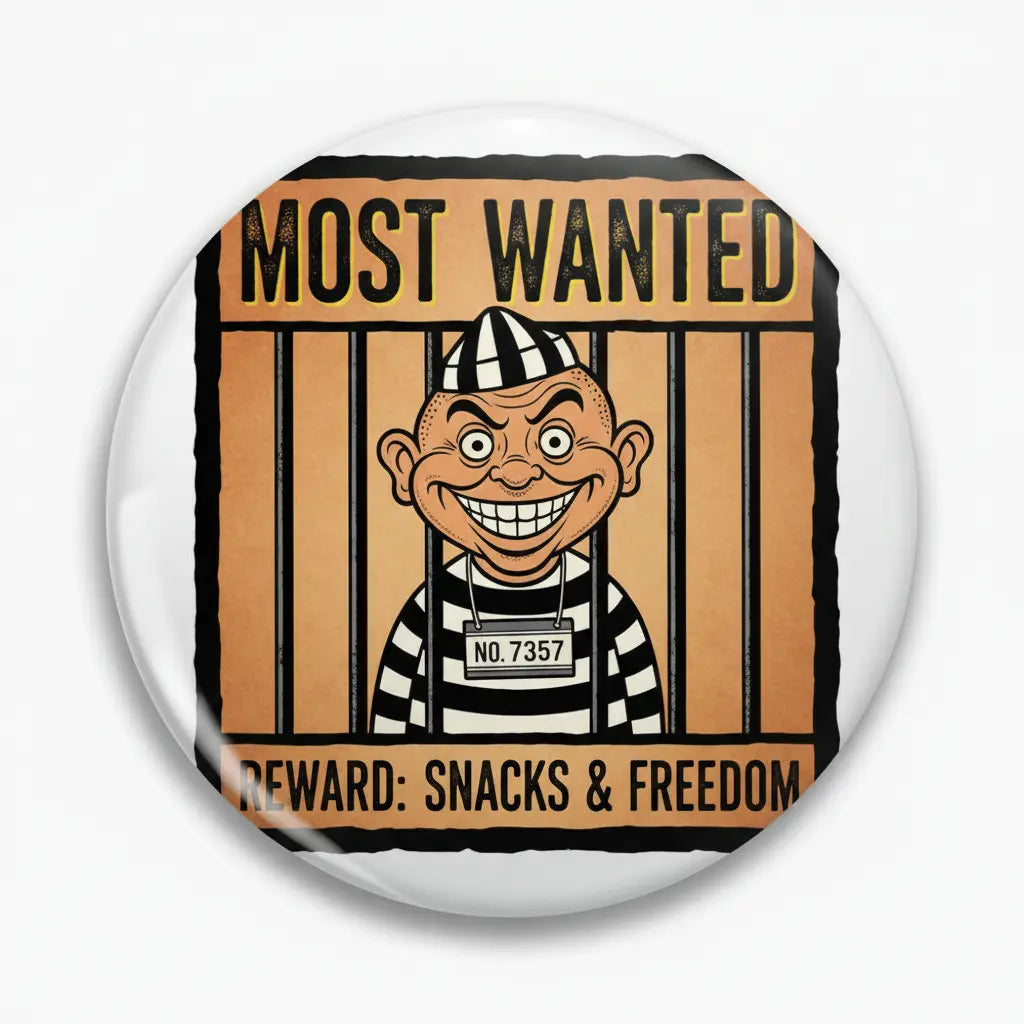 Inmate cartoon pinback button with smiley prisoner, jail bars, 'MOST WANTED' and 'REWARD' text