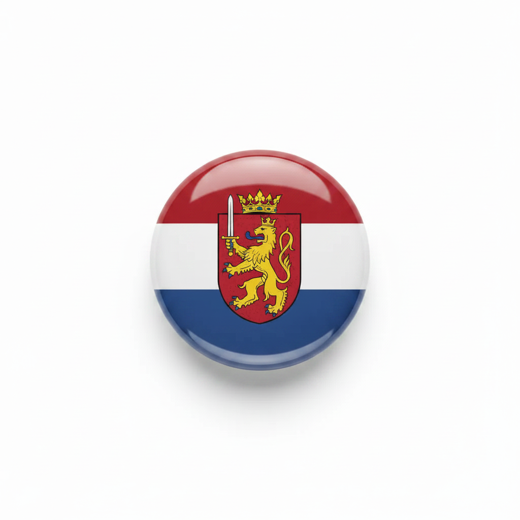 Netherlands crest flag enamel pin with round silver border, 2.25-inch