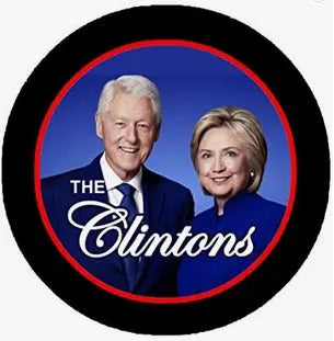 2.25-inch pinback button with 'The Clintons' logo and photo of two smiling people