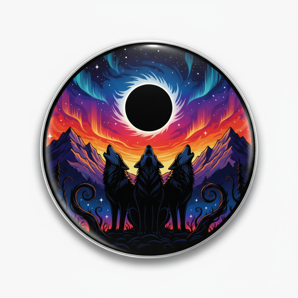 Three Wolves Howling Solar Eclipse Pinback 2.25-inch