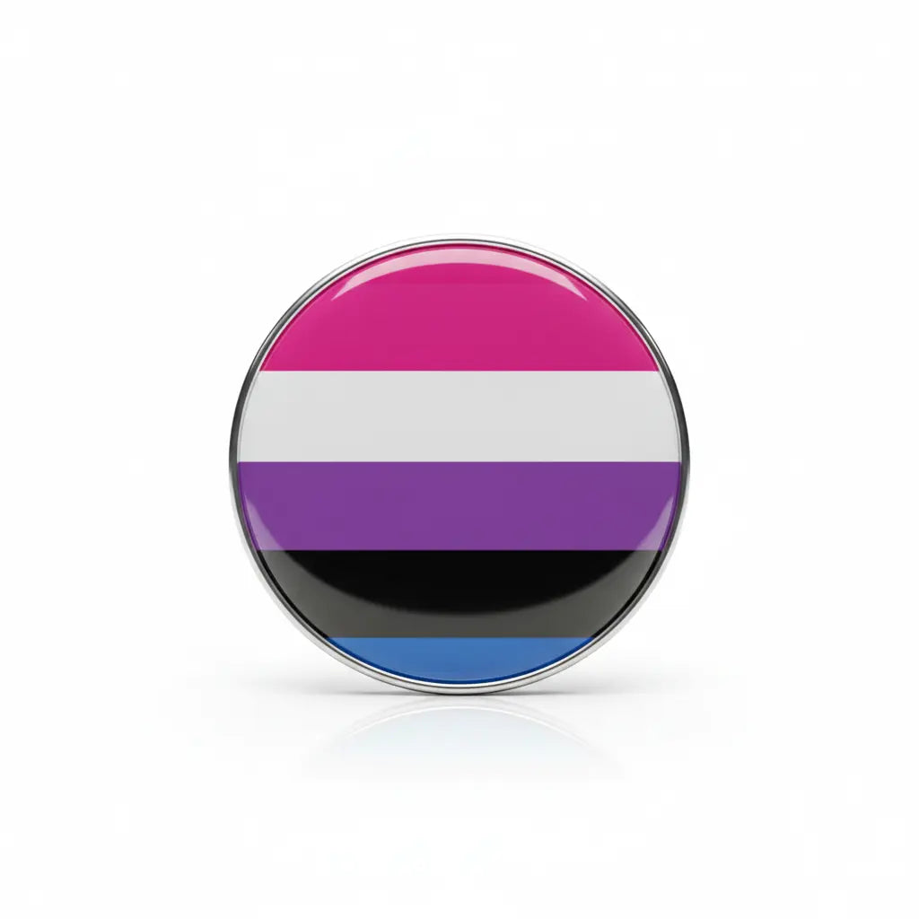 Genderfluid flag symbol enamel pinback, circular with pink, white, purple, black stripes