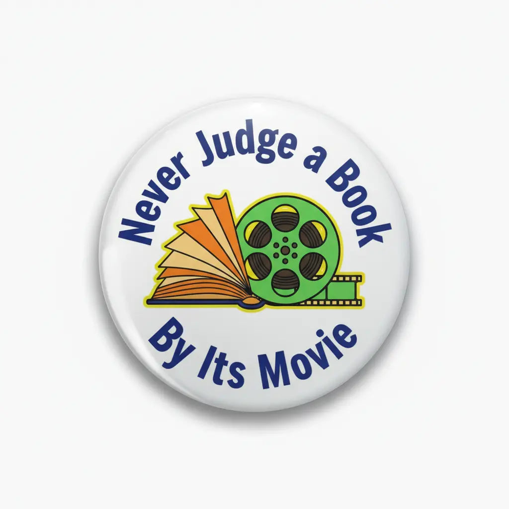 Round pinback button with colorful book and film icon and blue slogan text